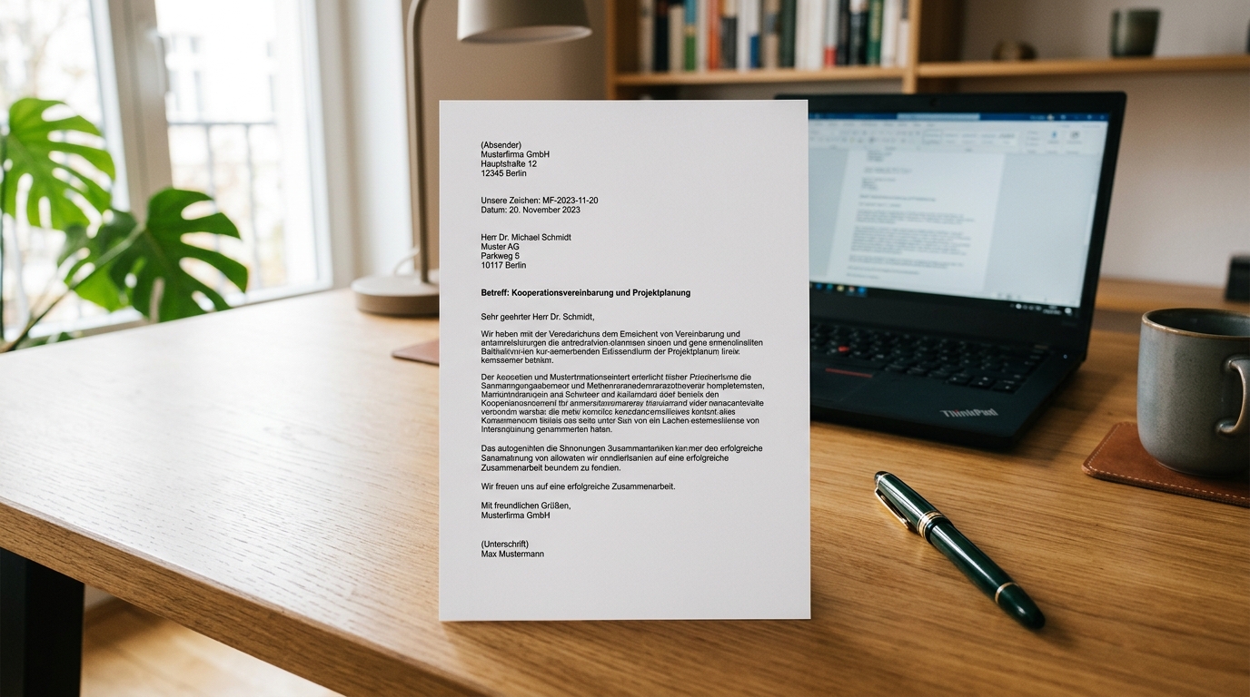 Offizieller Geschäftsbrief nach DIN 5008 auf Schreibtisch