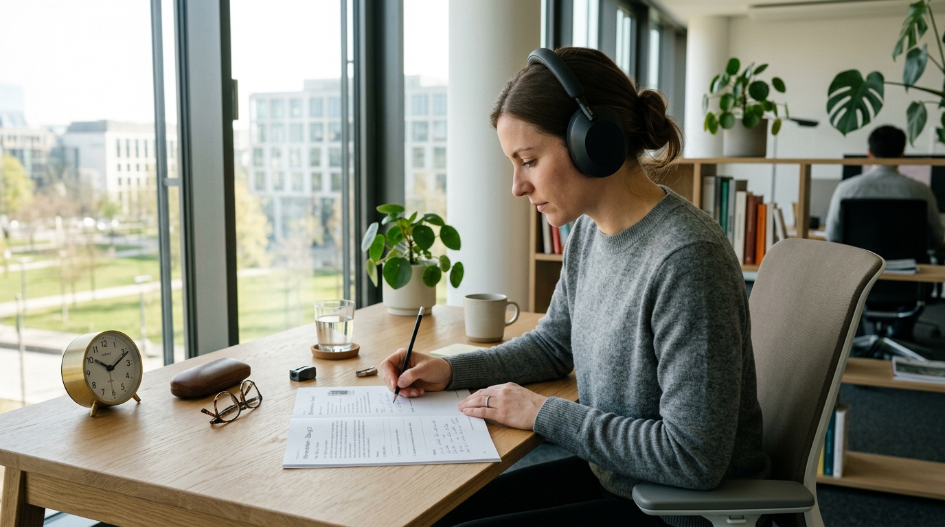 Lernende trainiert hochkonzentriert telc B2 Beruf Hörverstehen mit Studio-Kopfhörern und Notizen am Schreibtisch