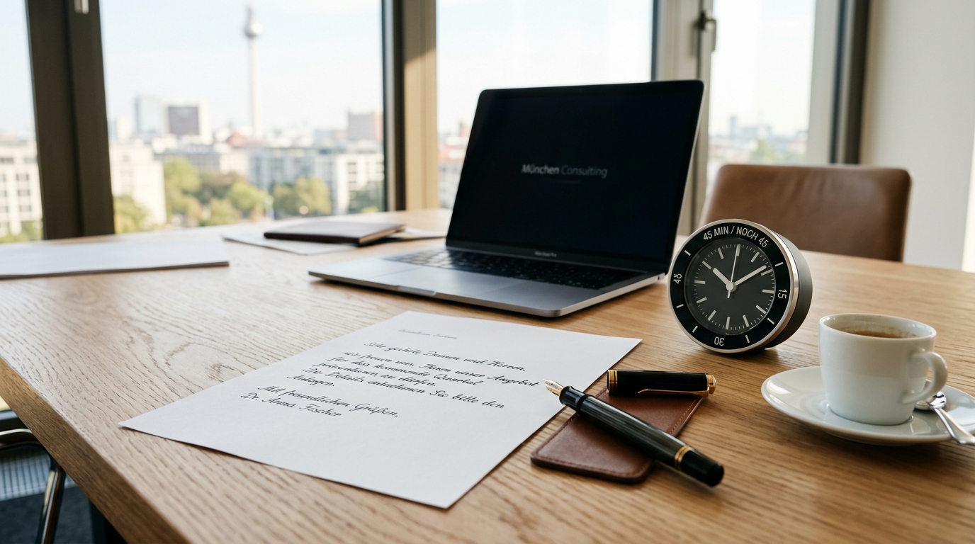 Formvollendeter deutscher B2 Geschäftsbrief nach DIN 5008 mit Füllfederhalter und Stoppuhr auf Schreibtisch