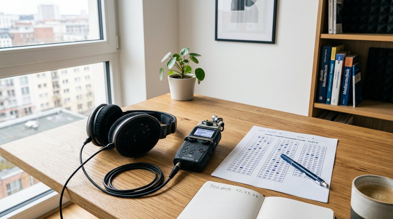 Kopfhörer und Audiorekorder für telc B2 Hören Vorbereitung