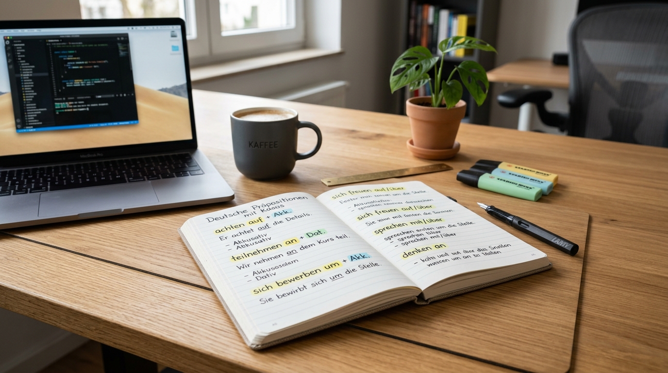 Verben mit festen Präpositionen B2 Notizbuch auf Schreibtisch